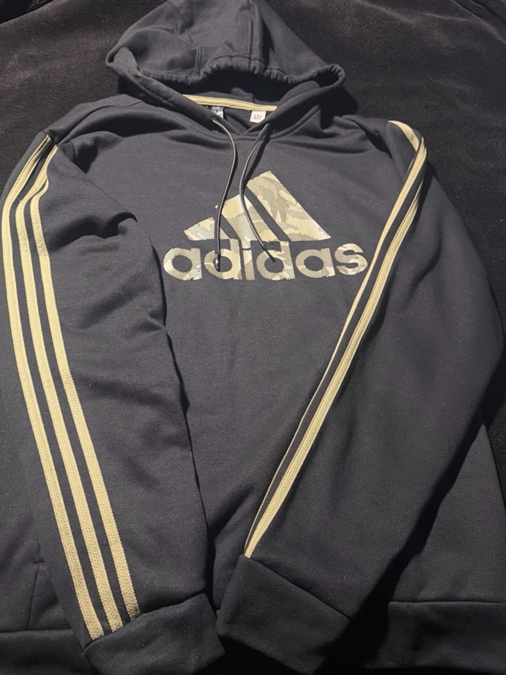 adidas Black Hoodie with Cream Logo and Sleeve Stripes